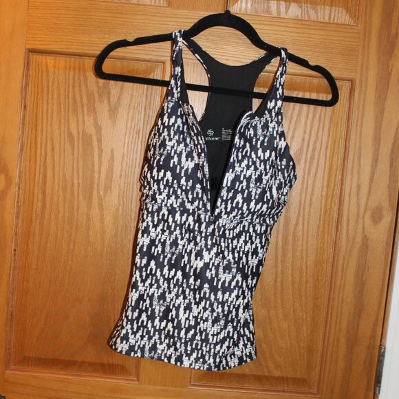 Sol Borne Women's Small B&W Patterned Zip Front Tankini Swim Tank Top - NWT - Picture 2 of 8
